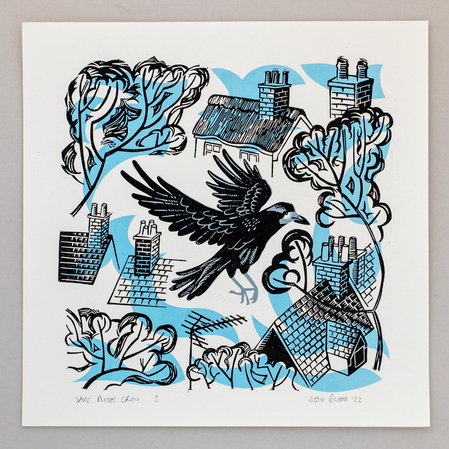 July 2023 Seconds Sale 41- Take Flight Crow unframed linocut and screenprint