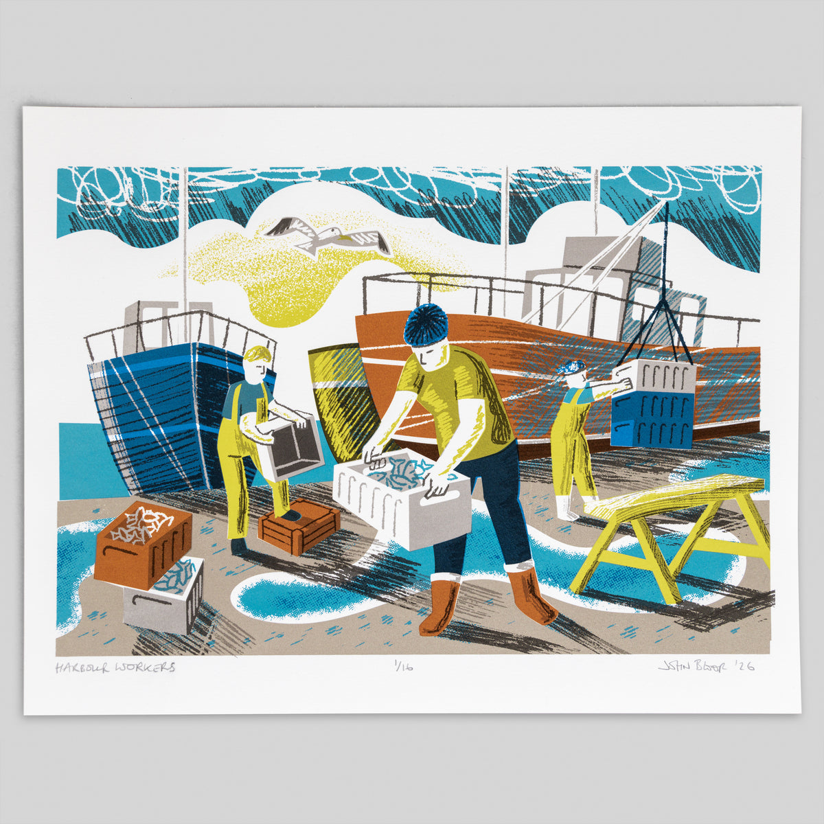 This "Harbour Workers" screenprint features harbour workers unloading fish with boats behind. It is part of my working people series of prints which are inspired by traditional occupations in Britain.