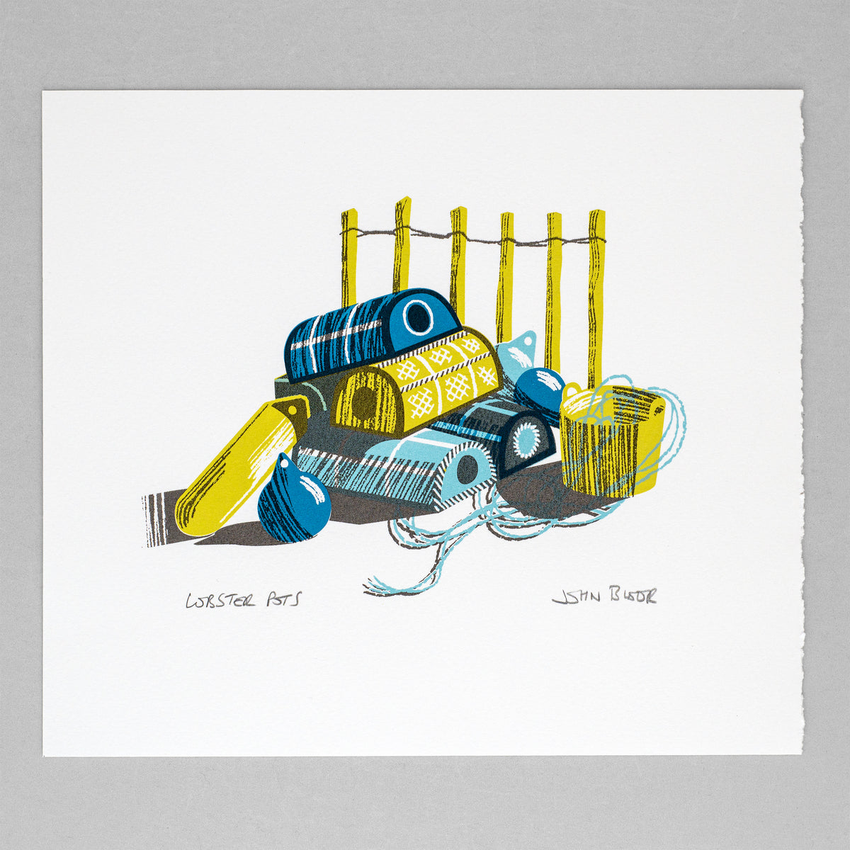 A screenprint showing lobster pots, a bucket with rope, buoys and a fence. Paper on a grey background.