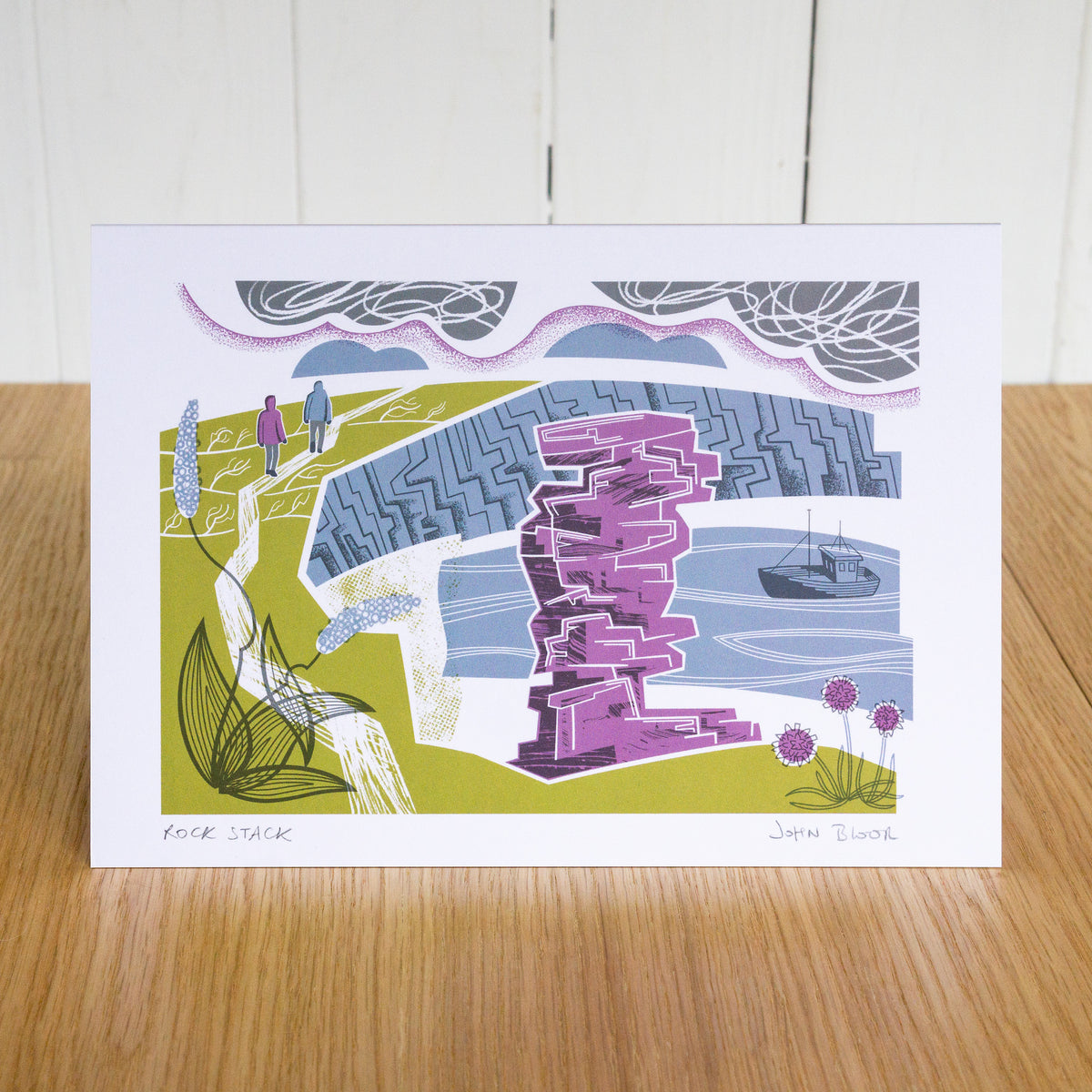 Rock Stack greetings card. It depicts the rock stack at Tintagel, Cornwall, as well as people walking along the coastal path.
