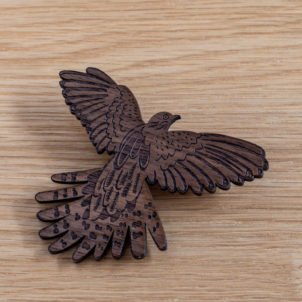 Take Flight Cuckoo wooden brooch in walnut