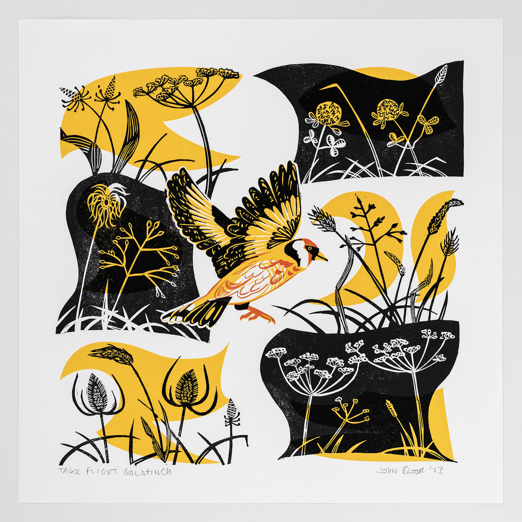 Take Flight Goldfinch hand printed linocut and screen print