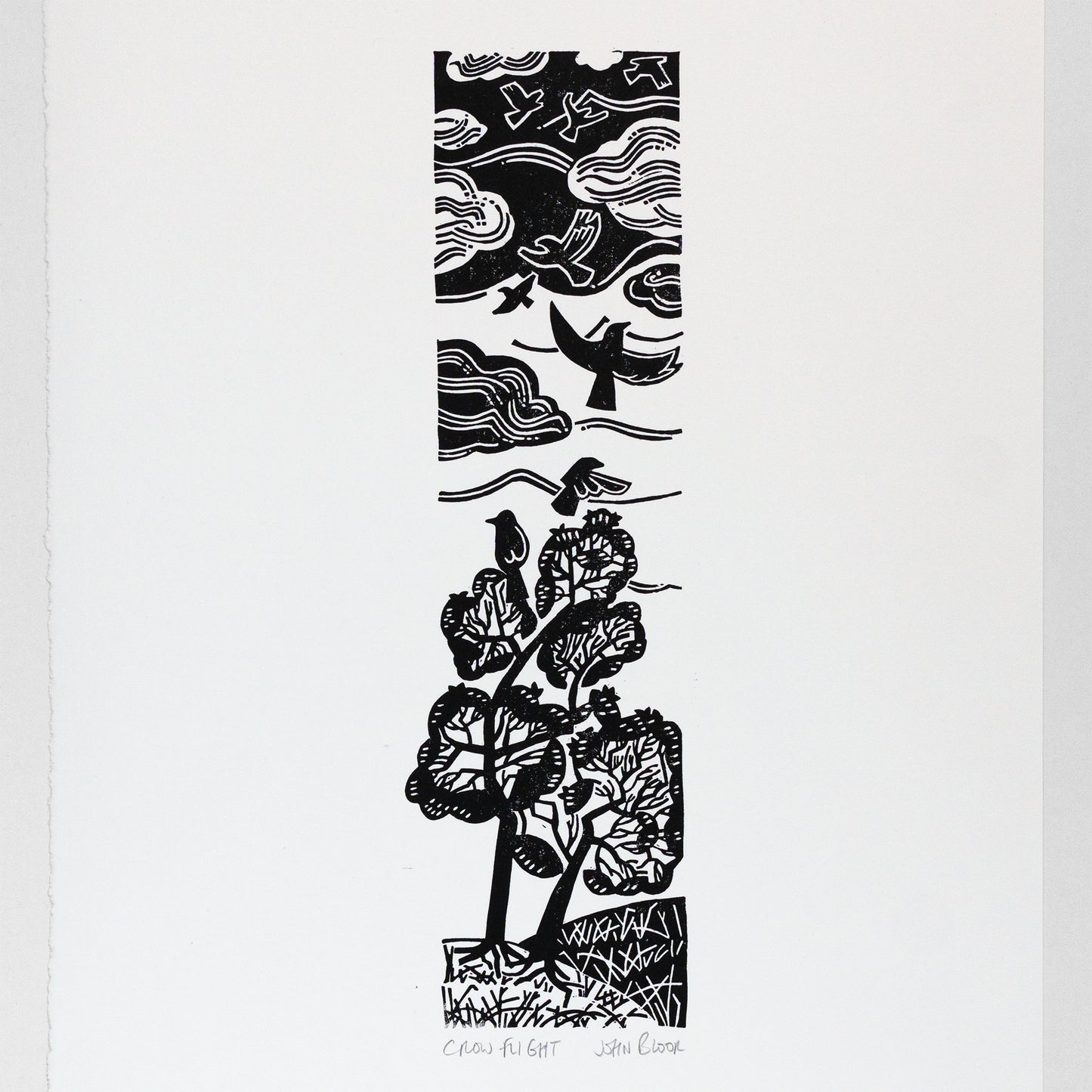 "Crow Flight" lino print, crows flying up from trees unframed linocut