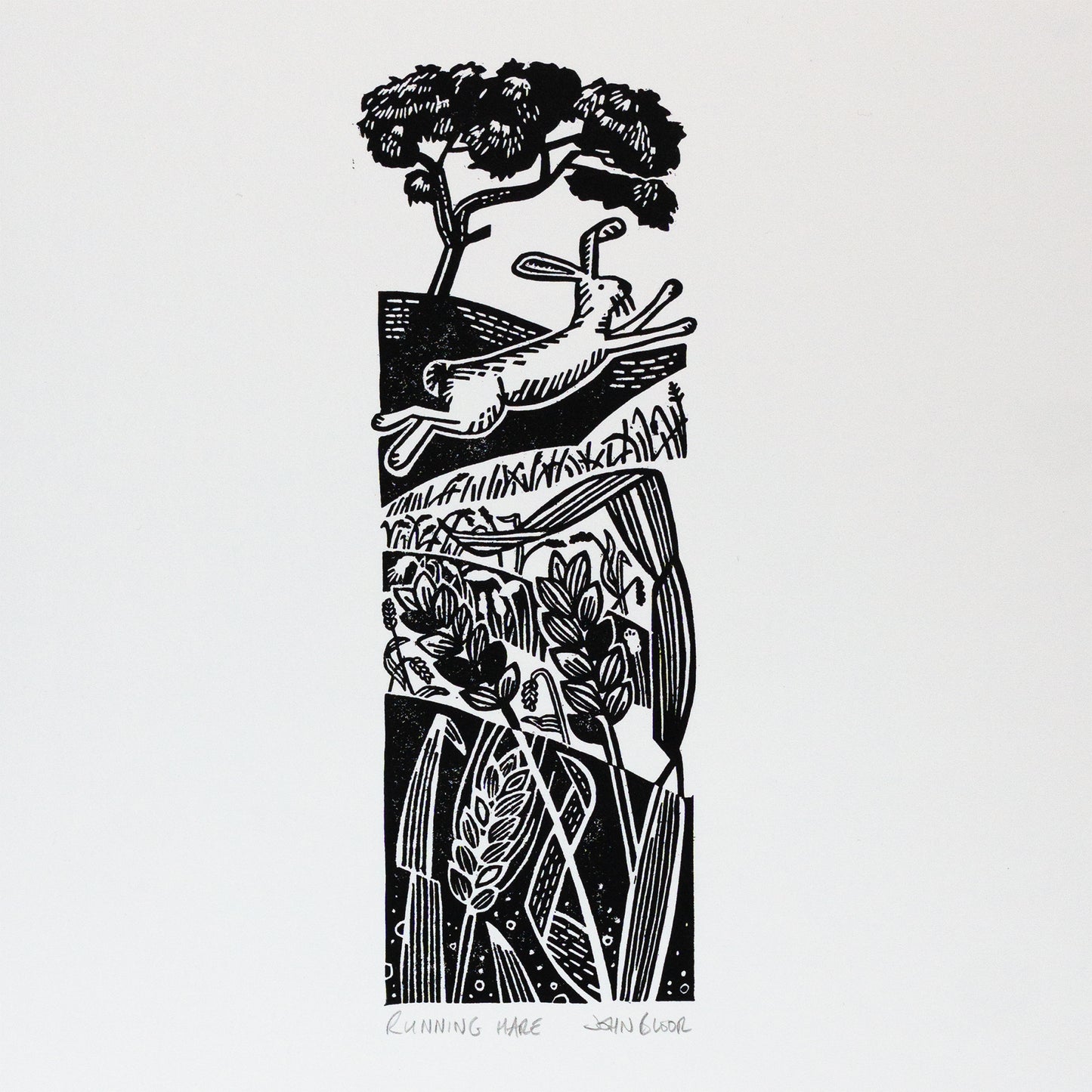"Running Hare" lino print, bunny running across fields unframed linocut