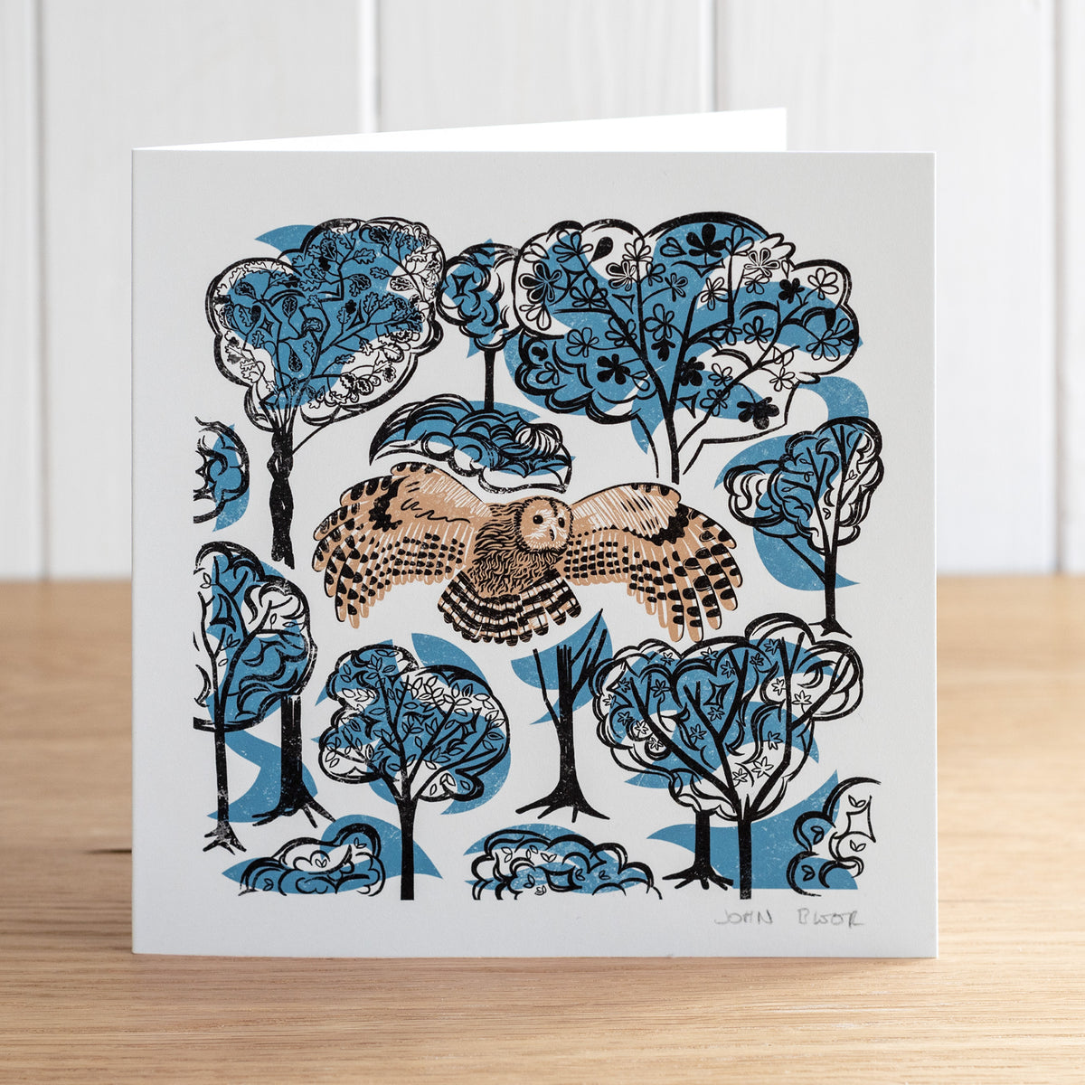 Take Flight Tawny Owl greetings card. This card depicts a Tawny Owl flying amongst trees.