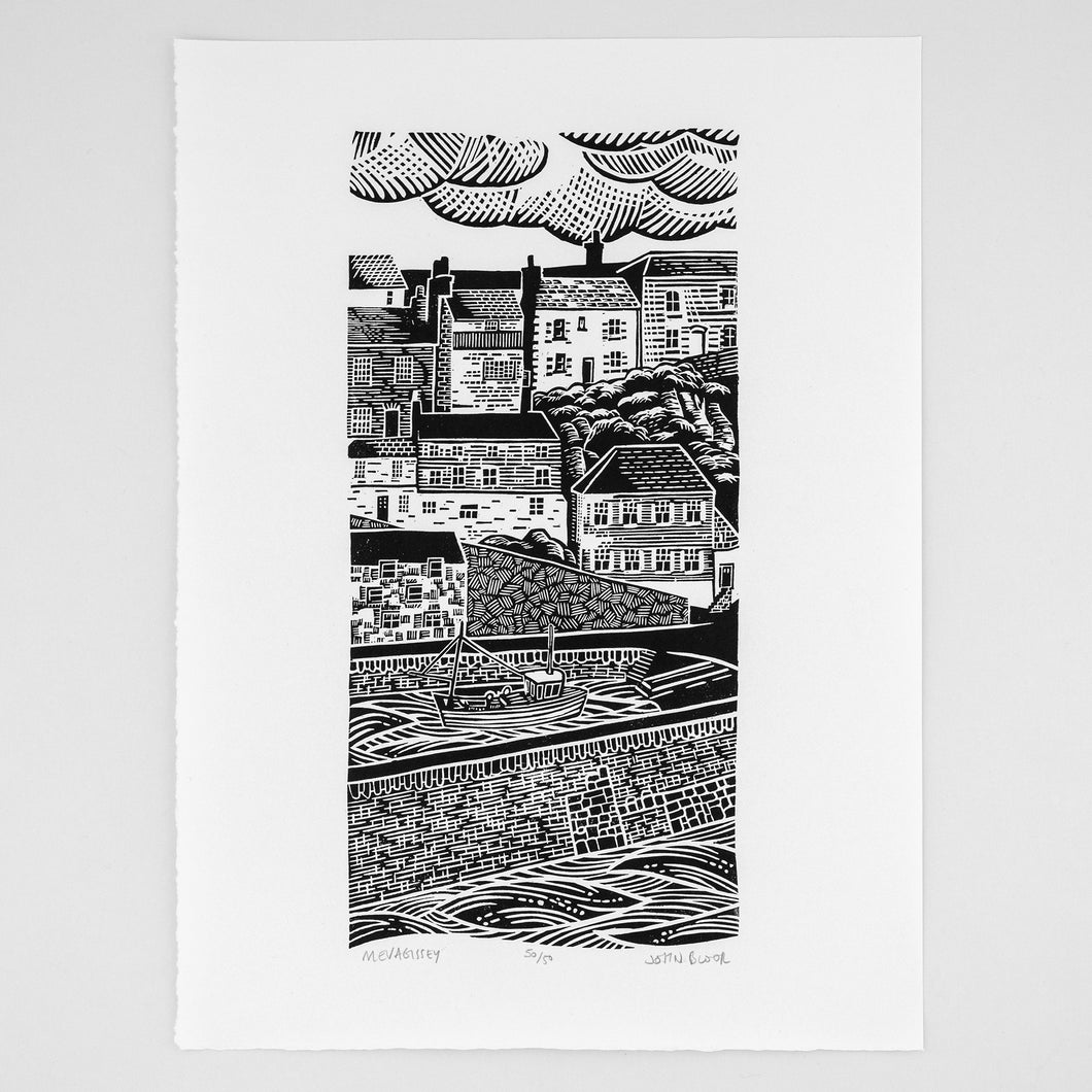 Mevagissey, Cornwall, linocut, limited edition
