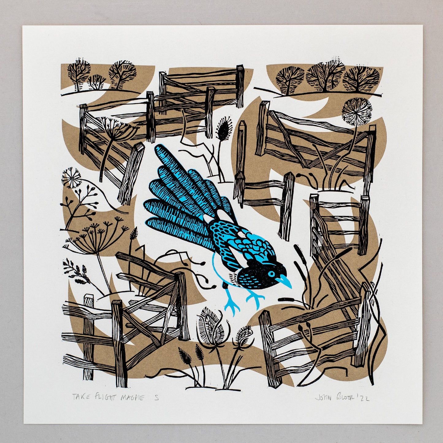 Juillet 2023 Seconds Sale 40 - Take Flight Magpie linogravure et sérigraphie