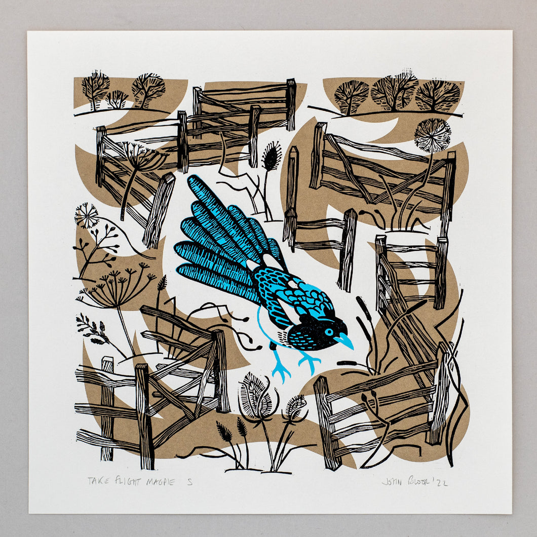 July 2023 Seconds Sale 40 - Take Flight Magpie linocut and screenprint