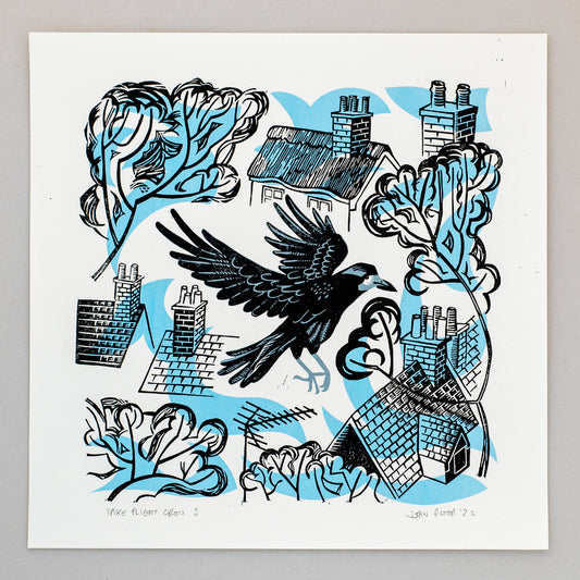 Juillet 2023 Seconds Sale 42 - Take Flight Crow linogravure et sérigraphie