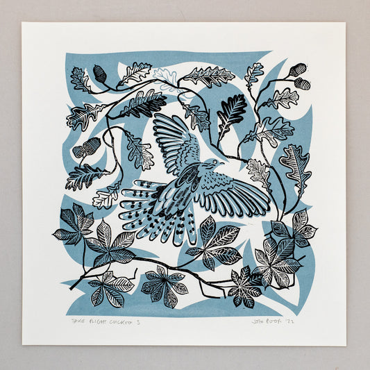 Juillet 2023 Seconds Sale 43 - Take Flight Cuckoo linogravure et sérigraphie
