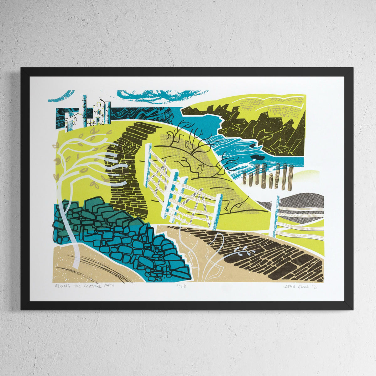 Along the Coastal Path hand pulled screen print featuring a winding coastal path between fences and dry stone walls, leading off towards a headland. There is also a tin mine, tree, bushes and beach. 