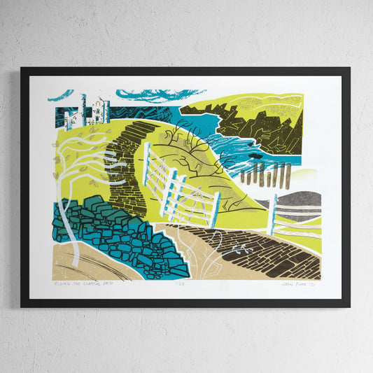 Along the Coastal Path hand pulled screen print featuring a winding coastal path between fences and dry stone walls, leading off towards a headland. There is also a tin mine, tree, bushes and beach. 