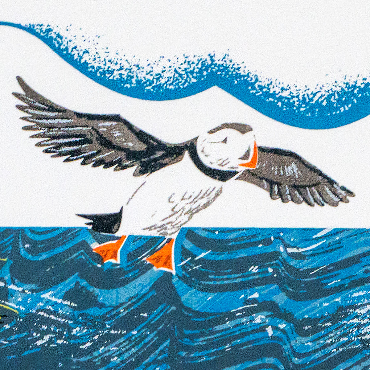 Atlantic Puffins hand pulled screenprint. It features three puffins, one flying and two on cliffs, with the sea between the cliffs and a boat on the sea.