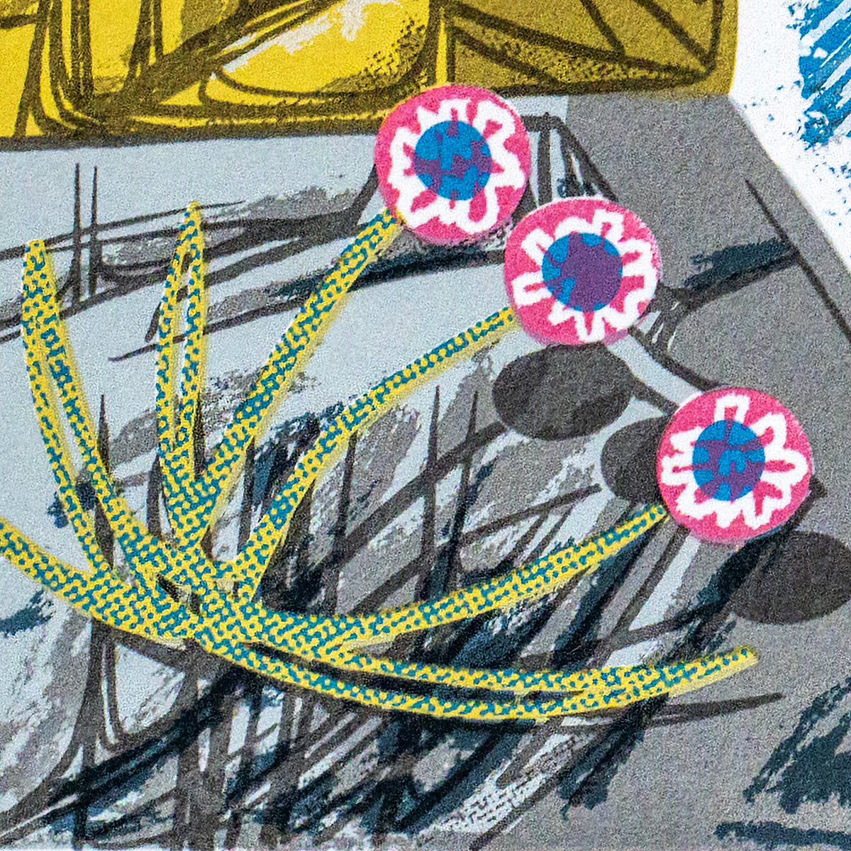 A screenprint detail showing thrift flowers in close up.