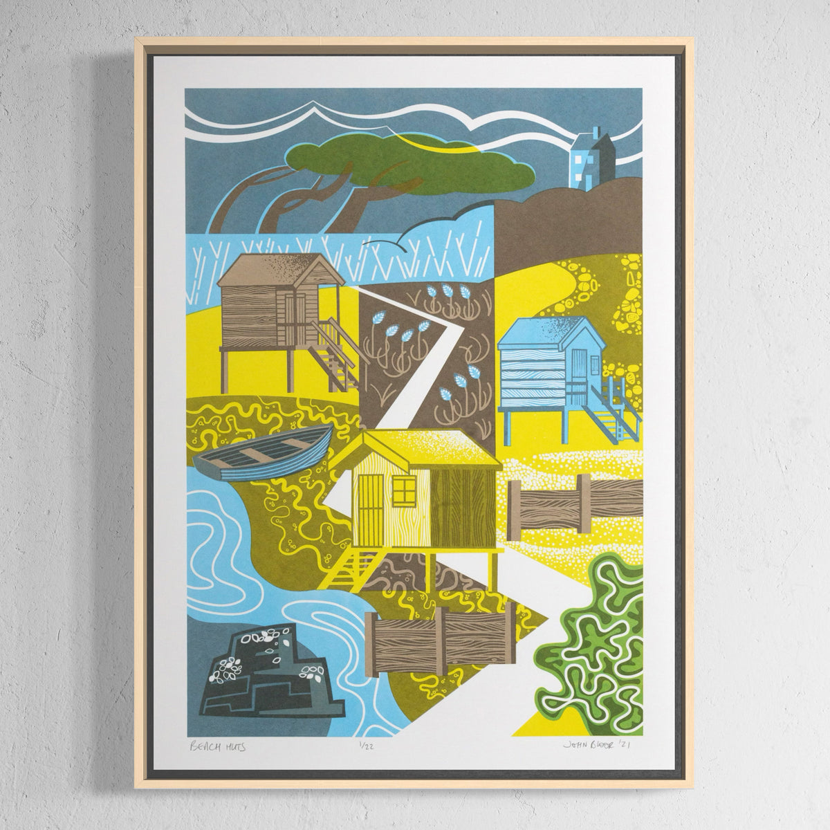 Beach Huts screenprint. The print depicts three beach huts with steps down to the beach, a windswept tree, groynes, sea foam, mussels on a rock and sea kale. 