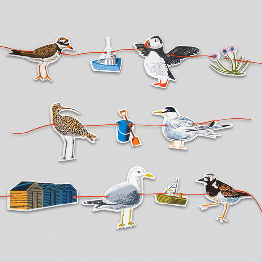 A colourful garland of British coastal birds with Ringed Plover, Puffin, Curlew, Little Tern, Common Gull and Ruddy Turnstone. There is also two boats, thrift, bucket and spade and beach huts.
