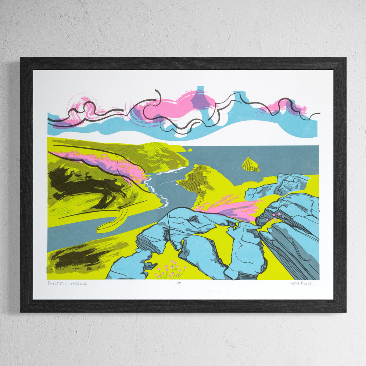 This Boscastle Harbour hand pulled screen print depicts the view of Boscastle Harbour from high up on the coastal path. 