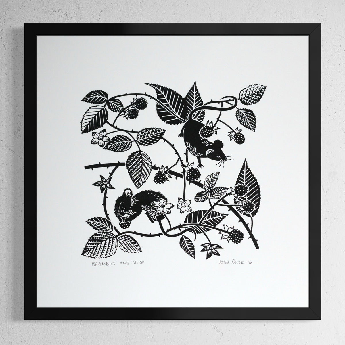 Brambles and Mice screen print. It depicts two field mice climbing amongst brambles and eating the fruit. 