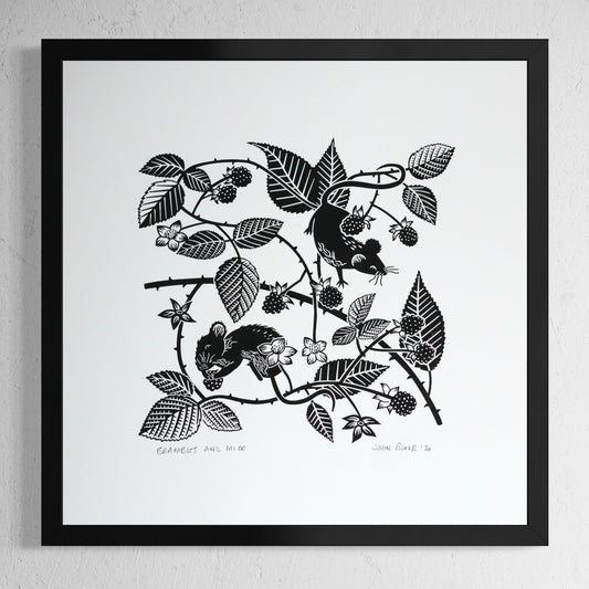 Brambles and Mice screen print. It depicts two field mice climbing amongst brambles and eating the fruit. 