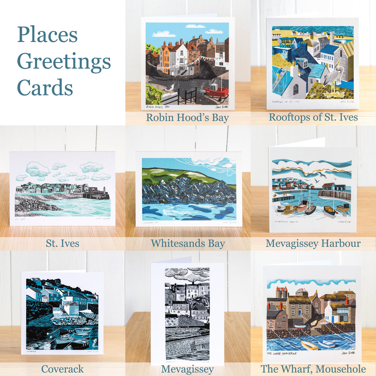 Set of 8 greetings cards depicting Mousehole, Robin Hood's Bay, Rooftops of St. Ives, Mevagissey Harbour, Coverack, St. Ives, Mevagissey, Whitesands Bay.