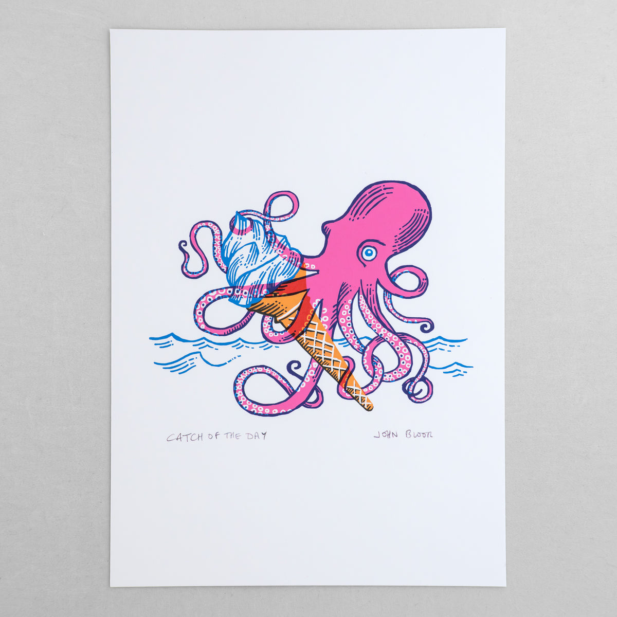 A print of a pink octopus with its tentacles wrapped around an ice cream. 