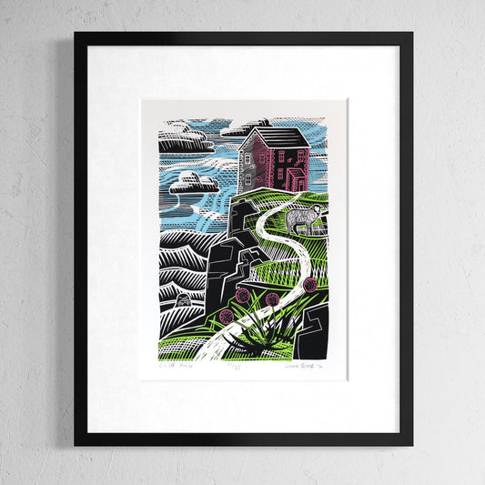 Cliff House screenprint. It depicts a house on a clifftop with a coastal path running down to the foreground. On the left is the sea.