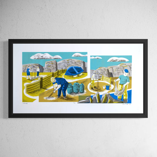 Cocklers screenprint print. It features five cocklers working on a beach, looking for cockles. It would be a great gift for anyone who loves the coast. 