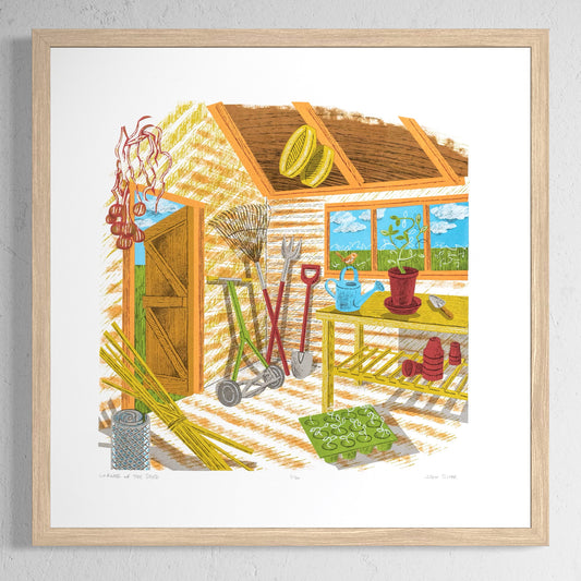 Corner of the Shed screenprint. It depicts the interior of a shed in yellow, orange and brown, showing gardening tools, pots, watering can, mower, and seedlings.