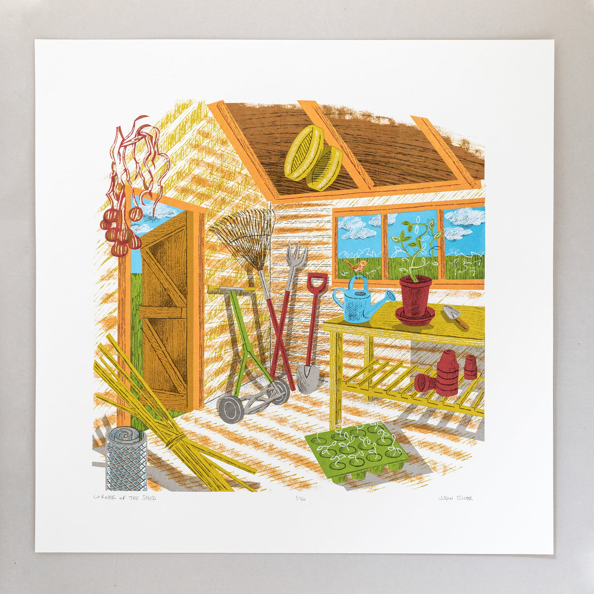 Corner of the Shed screenprint. It depicts the interior of a shed in yellow, orange and brown, showing gardening tools, pots, watering can, mower, and seedlings.