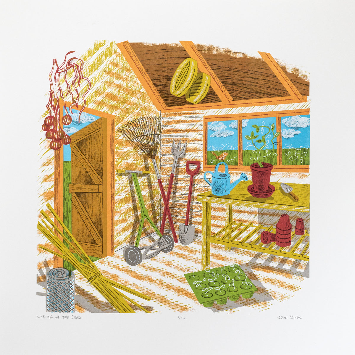 Corner of the Shed screenprint. It depicts the interior of a shed in yellow, orange and brown, showing gardening tools, pots, watering can, mower, and seedlings. 