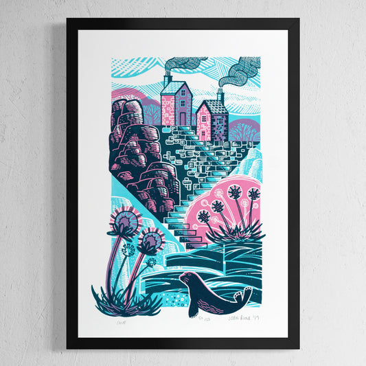 Cove screenprint. It features a hidden cove with steps going down to it from two houses. There are rocks on either side. At the bottom of the steps is the sea and a seal in the water. There are thrift flowers on either side. 
