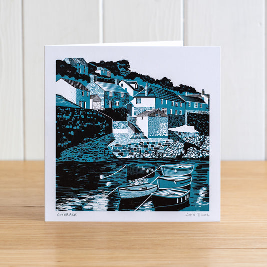 Coverack card. Based on a two colour linocut print of Coverack, Cornwall, showing the small harbour with boats, houses and slipway.&nbsp;