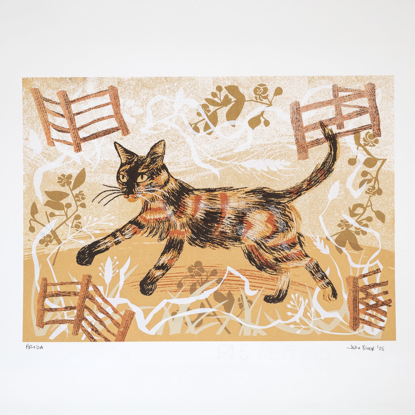 Frida the Tortoiseshell Cat hand printed unframed screenprint