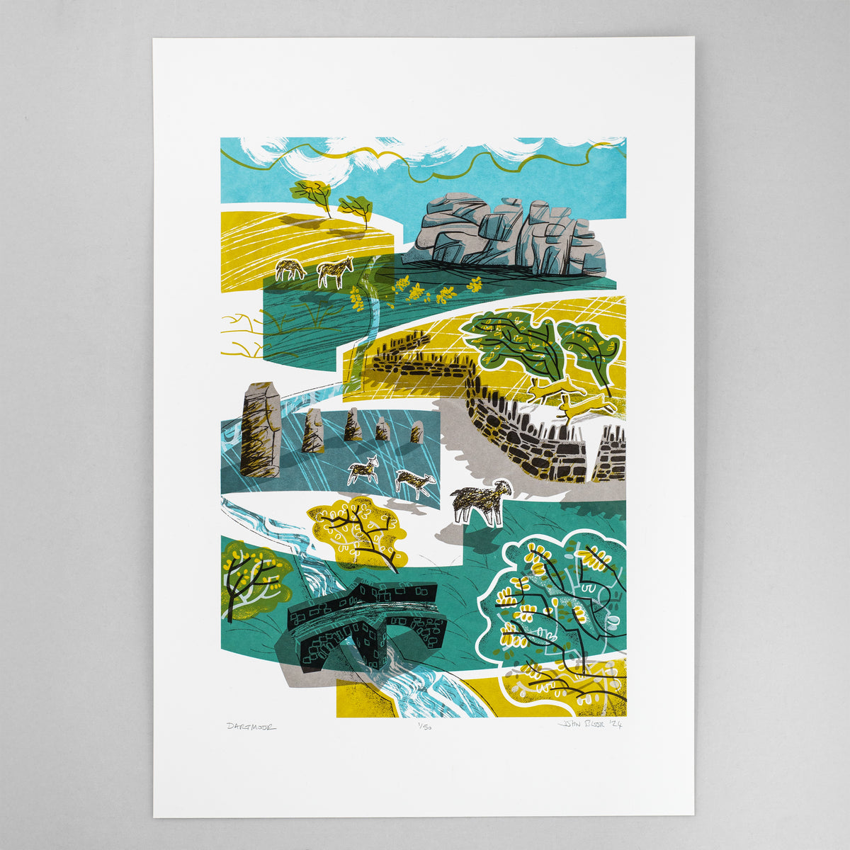 Dartmoor screenprint. It is a composite of elements including Haytor rock stack, standing stones, a stone wall, gorse, wind blown trees, hares, sheep and ponies. And a stone bridge.