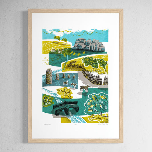 Dartmoor screenprint. It is a composite of elements including Haytor rock stack, standing stones, a stone wall, gorse, wind blown trees, hares, sheep and ponies. And a stone bridge.