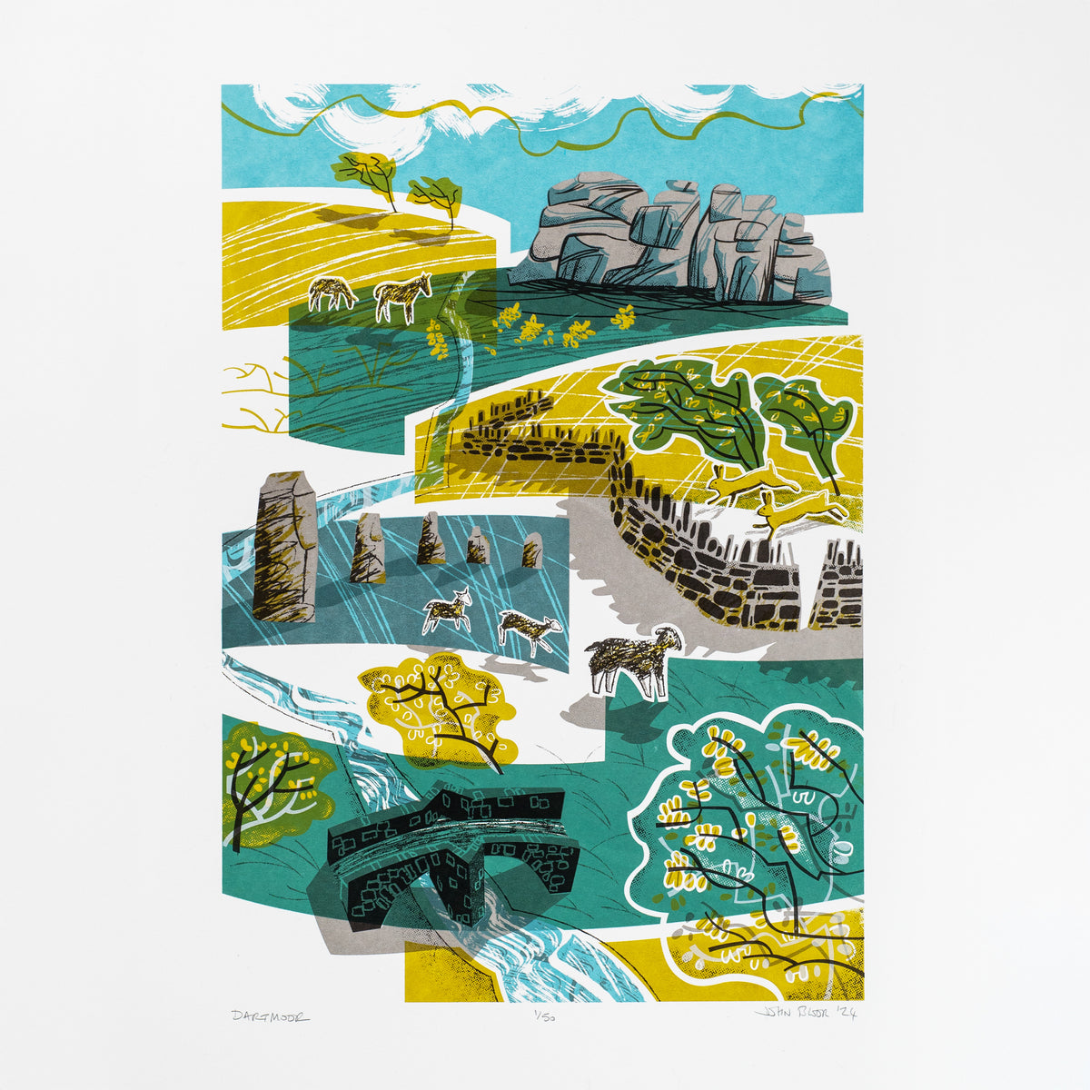 Dartmoor screenprint. It is a composite of elements including Haytor rock stack, standing stones, a stone wall, gorse, wind blown trees, hares, sheep and ponies. And a stone bridge.