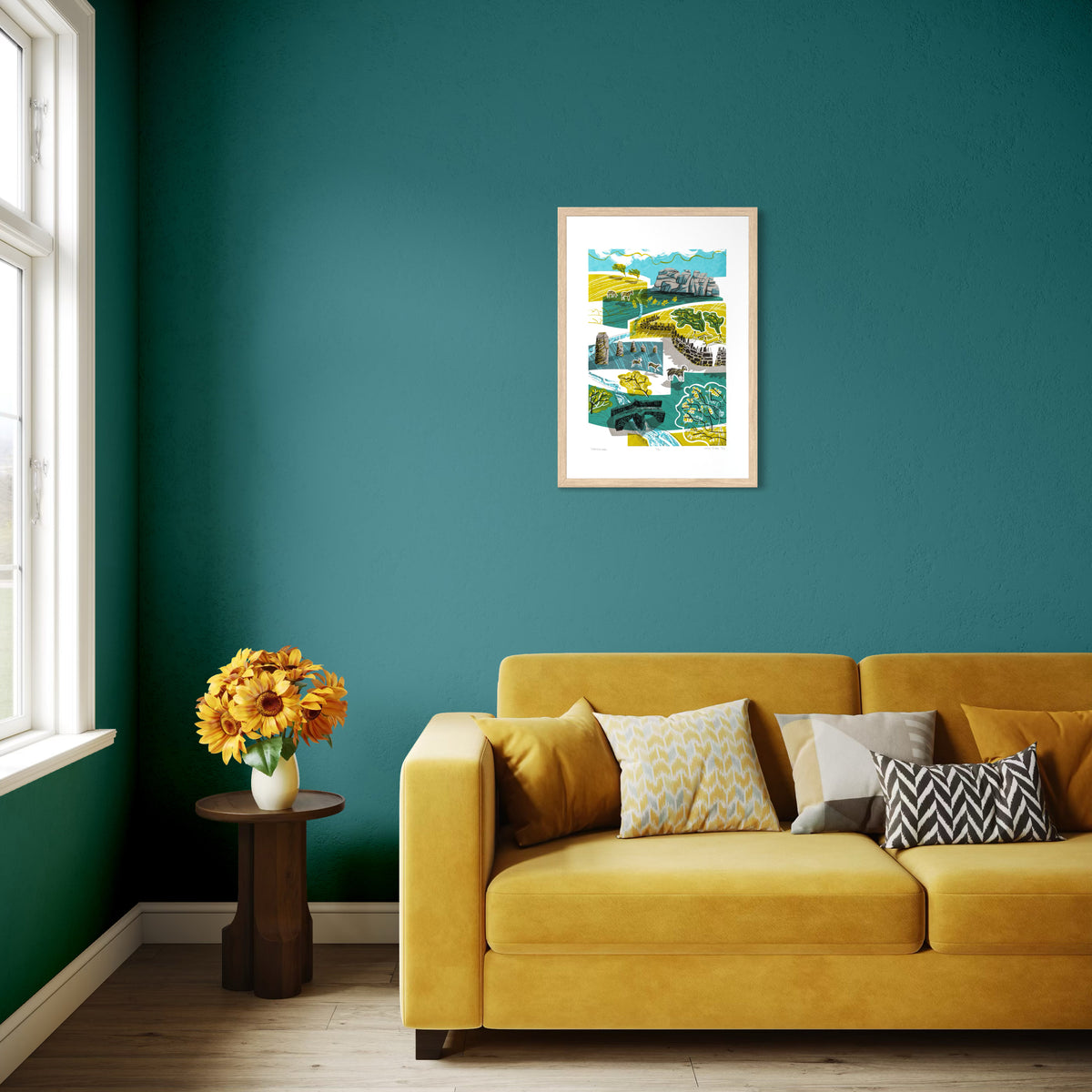 Dartmoor screenprint. It is a composite of elements including Haytor rock stack, standing stones, a stone wall, gorse, wind blown trees, hares, sheep and ponies. And a stone bridge.