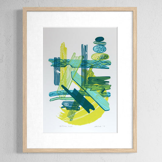 Driftwood Study screenprint. It depicts pieces of driftwood overlapping in an abstract manner and at different angles. Pebbles balance on some of the driftwood pieces. 