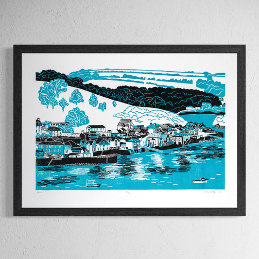 Fowey linocut print. It depicts the lovely coastal town of Fowey in Cornwall. 