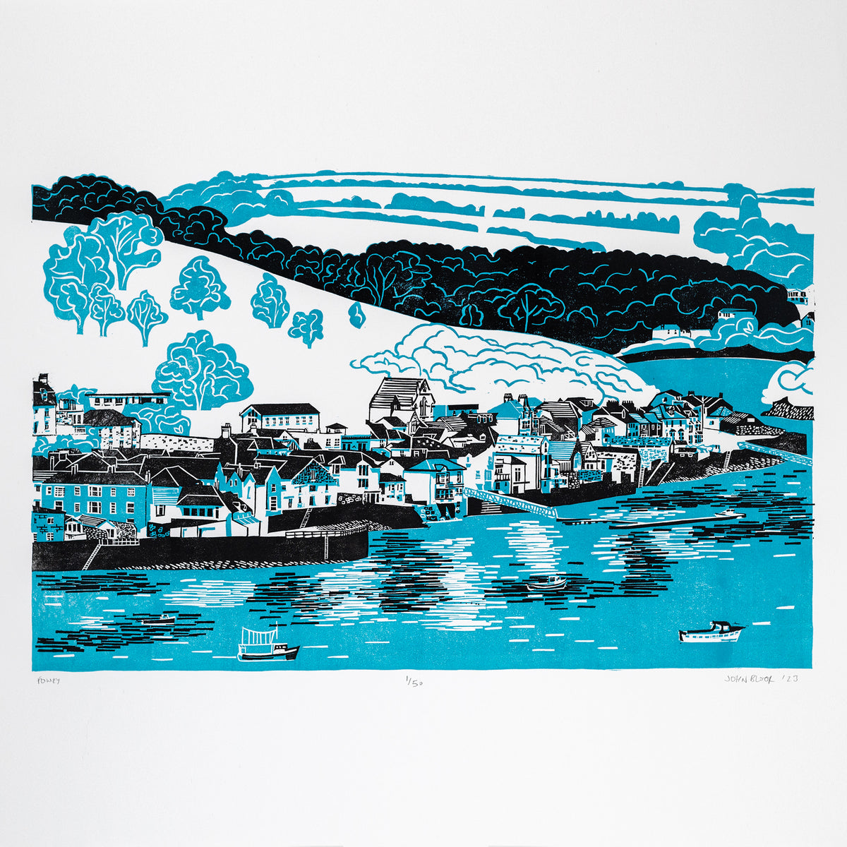 Fowey linocut print. It depicts the lovely coastal town of Fowey in Cornwall. 