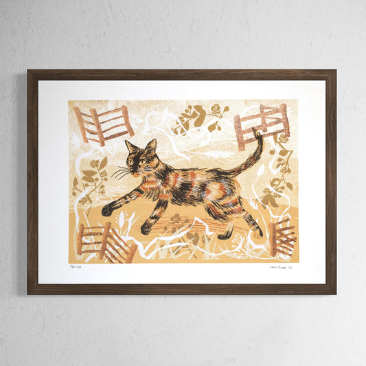 Frida screenprint. It features a cute Tortoiseshell kitten-cat called Frida running between grasses and fences. It's in brown, orange and black.