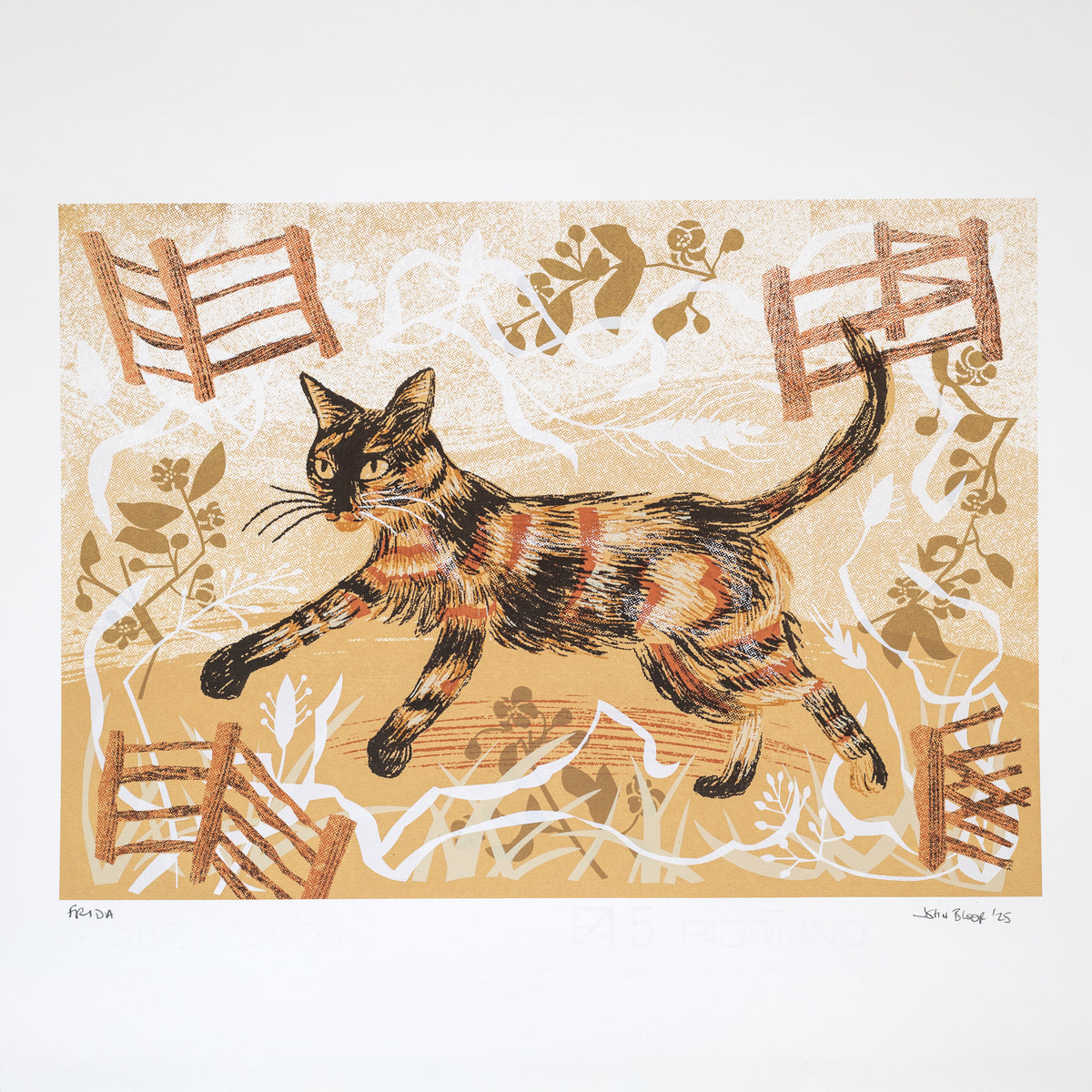 Frida screenprint. It features a cute Tortoiseshell kitten-cat called Frida running between grasses and fences. It's in brown, orange and black.