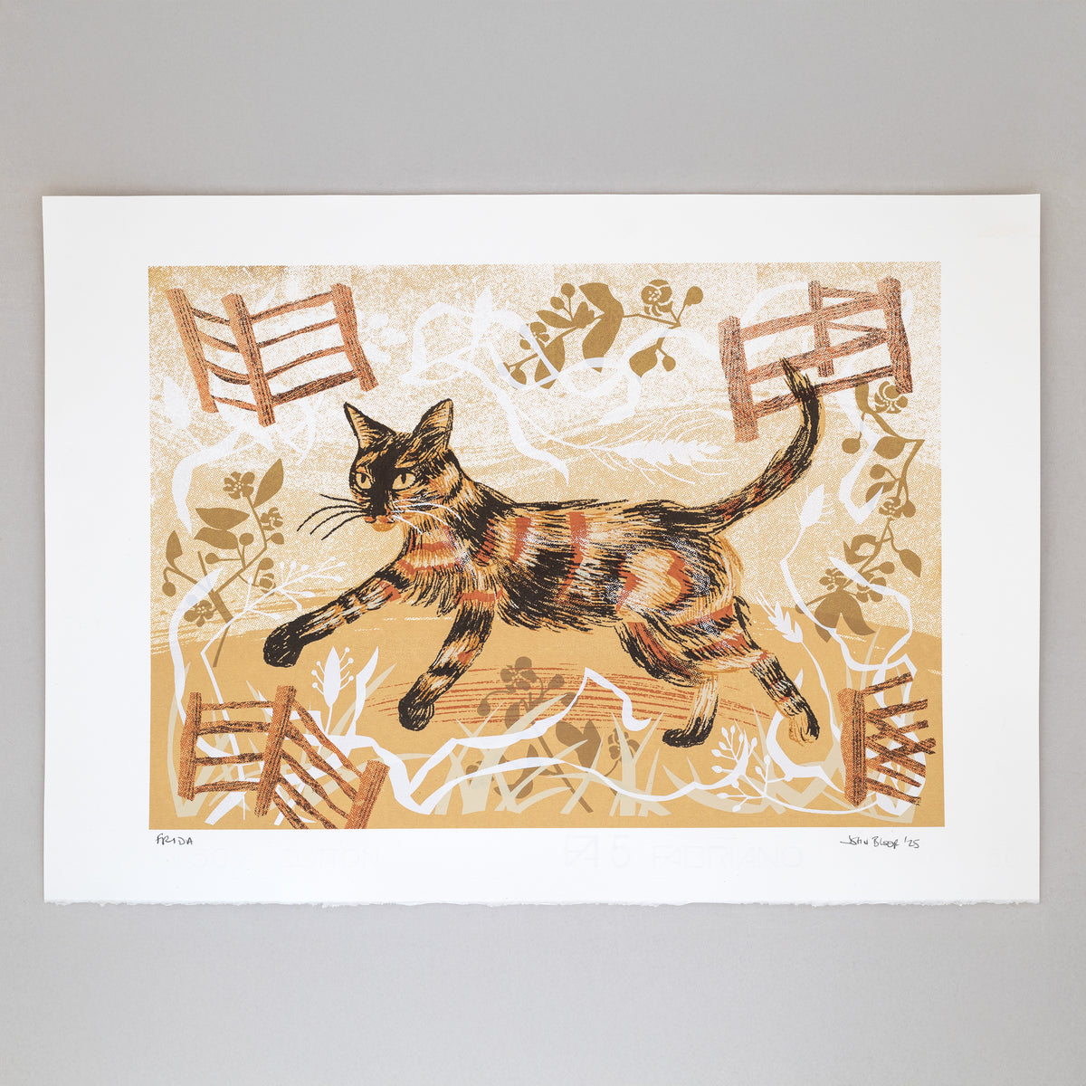 Frida screenprint. It features a cute Tortoiseshell kitten-cat called Frida running between grasses and fences. It's in brown, orange and black.