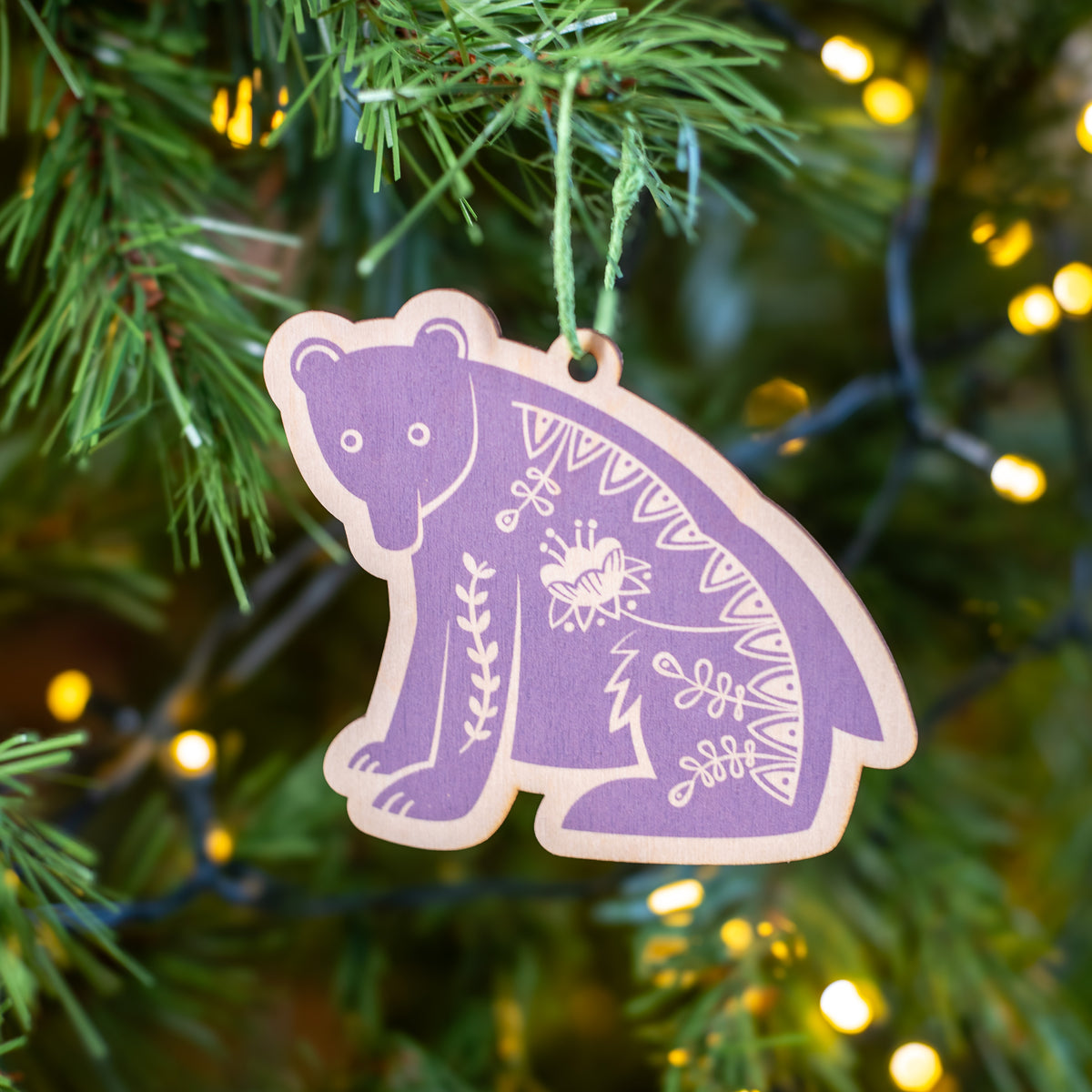 Hand printed Scandi Bear decoration in purple