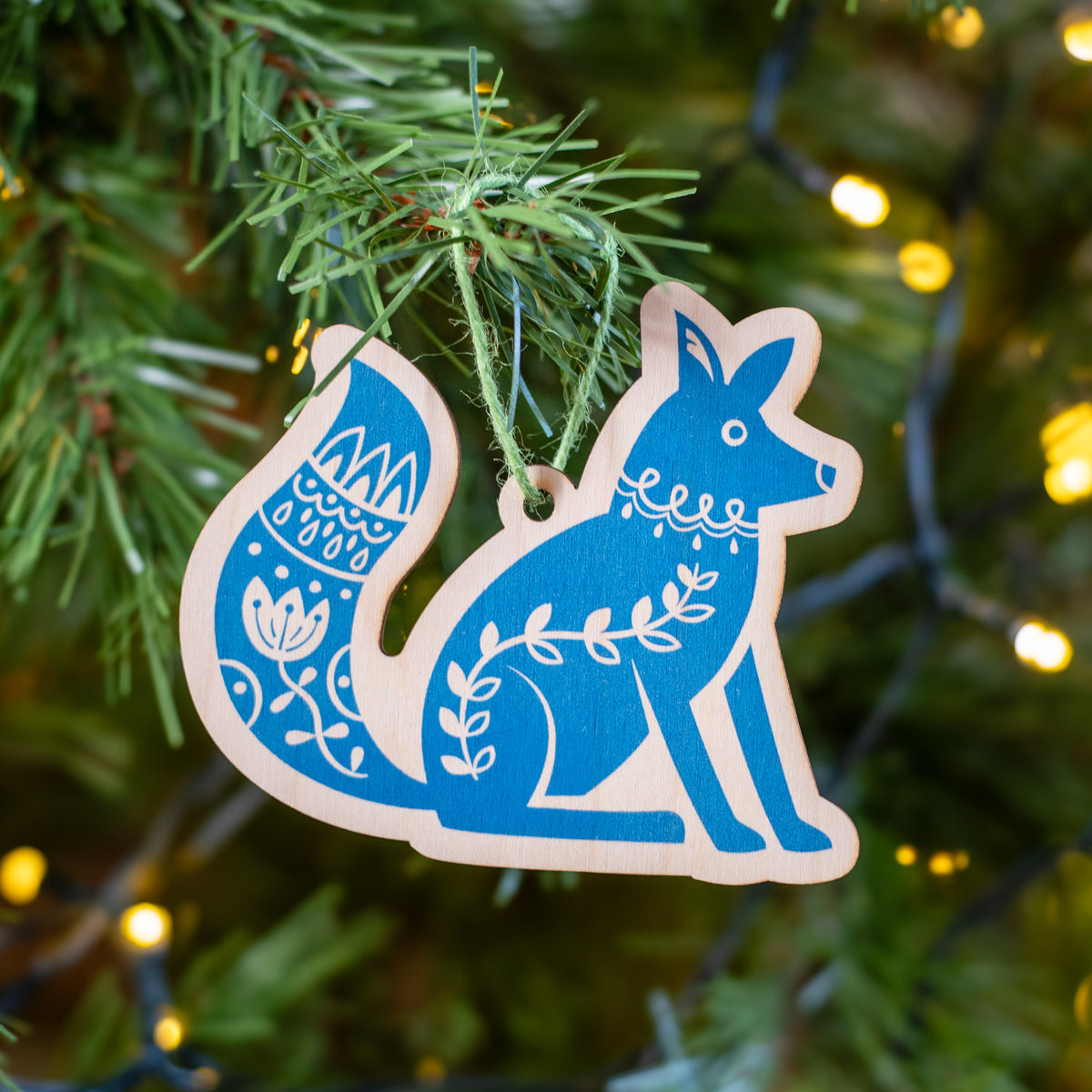 Hand printed Scandi Fox decoration in blue