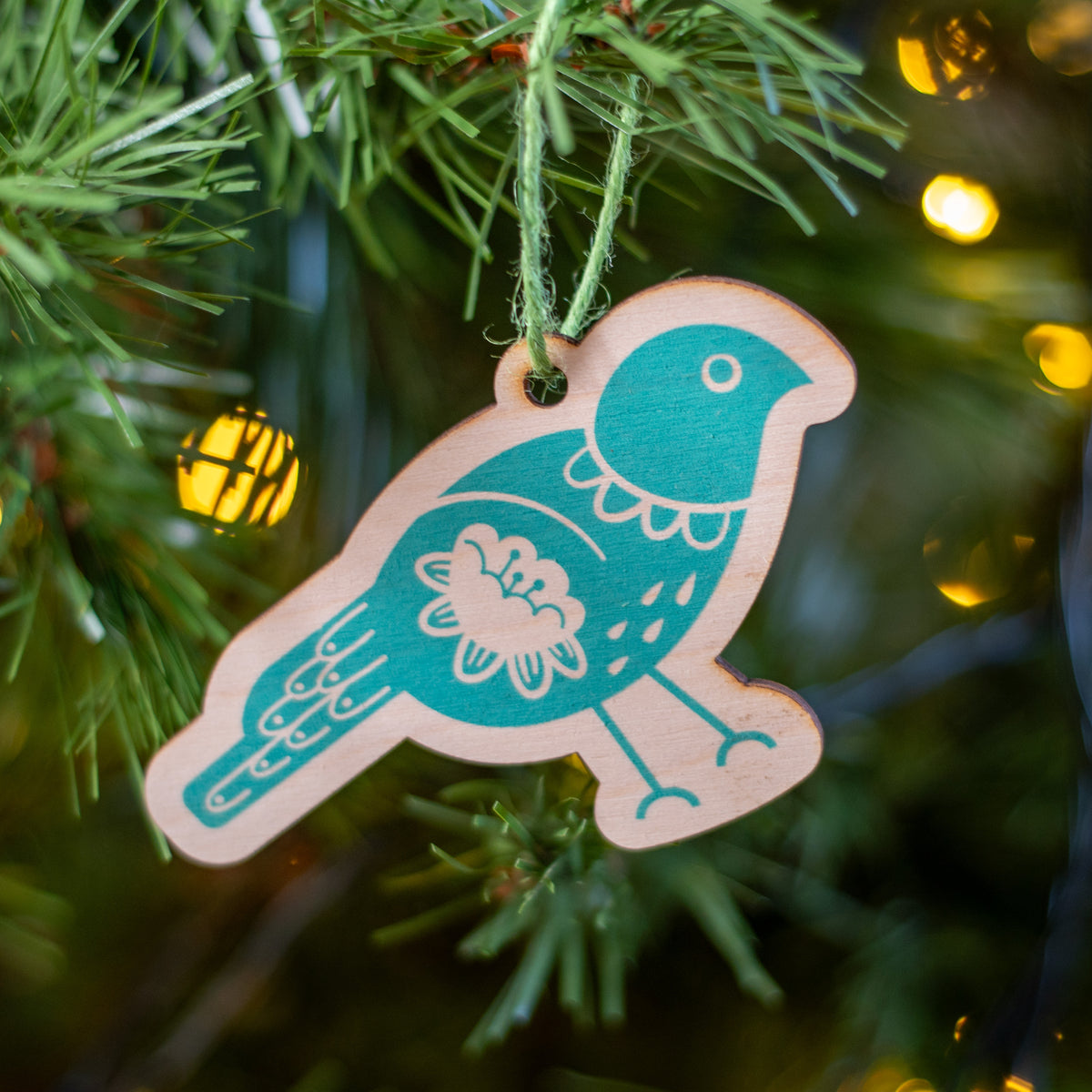 Hand printed Scandi bird decoration in teal