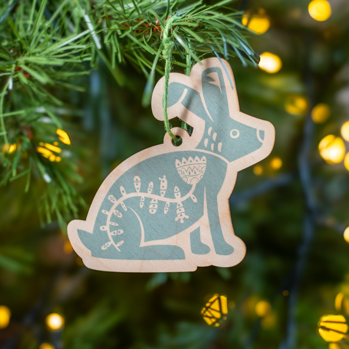 Hand printed Scandi hare deoration in blue grey