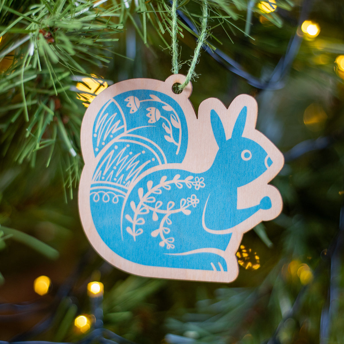 Hand printed Scandi squirrel decoration in cyan