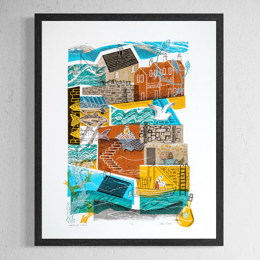 Harbour Walls screenprint. It features boats, fishermen, nets, lobster pots, a buoy, houses, roofs, stone harbour walls, fish, a gull and seaweed.