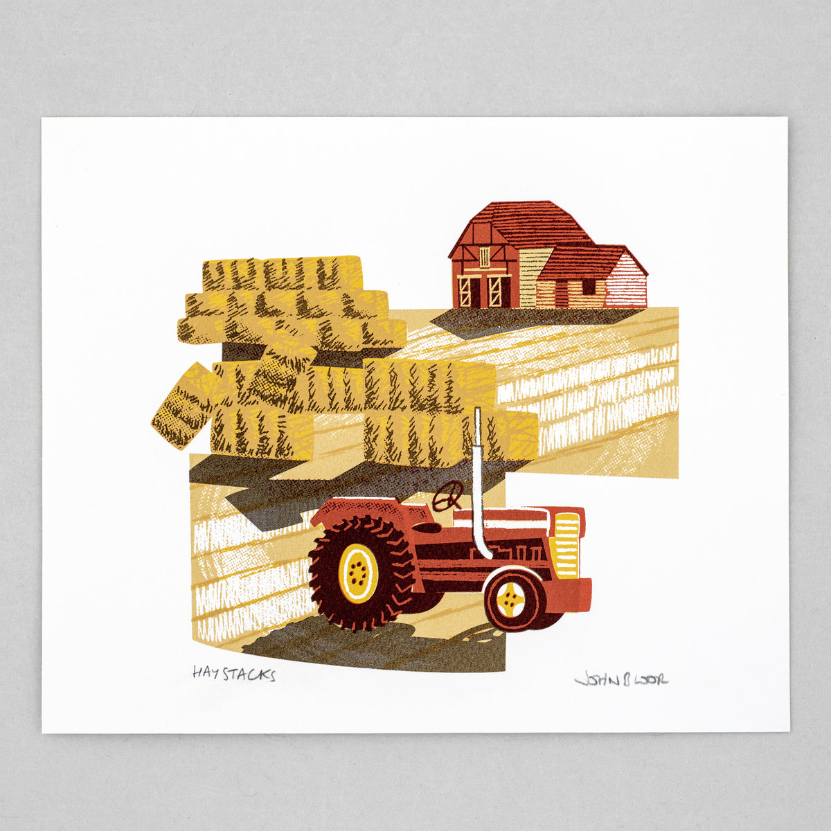 A hand printed screenprint showing a red tractor on a field in front of a haystack. Behind is a barn. Shown on a grey background.